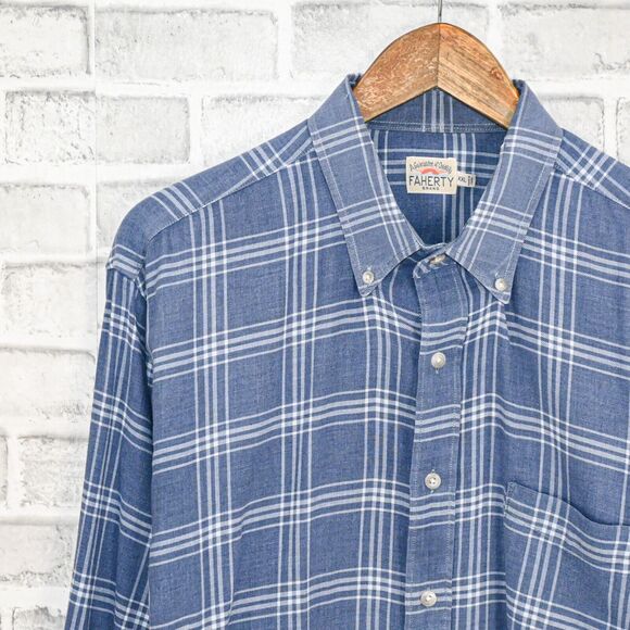 Faherty Brand Men's Cotton Blue white Plaid Button Down Shirt size 2XL - Picture 8 of 9
